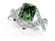 Halo Engagement Ring Setting for Fancy Green Radiant Cut Center with Pave Infinity Twist Band and Prong Head in White Gold