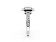 Halo Engagement Ring Setting for Radiant Cut Center with Outer Bezel Rim, Pave Band and Prong Head in Platinum