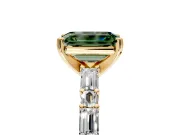 Baguette Engagement Ring Setting for Fancy Green Emerald Cut Center with Alternating Bar-Set Band and Prong Head in Yellow Gold