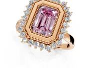 Halo Engagement Ring Setting for Fancy Pink Emerald Cut Center with Milgrain Bezel Rim, Plain Band and Prong Head in Rose Gold