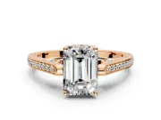 Cathedral Engagement Ring Setting for Emerald Cut Center with Antique-Style Pave Band and Prong Head in Rose Gold