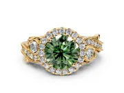 Milgrain Halo Engagement Ring Setting for Fancy Green Round Cut Center with Shoulder Bezels and Prong Head in Yellow Gold