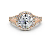 Halo Engagement Ring Setting for Round Cut Center with Pave Split Shank and Prong Head in Rose Gold