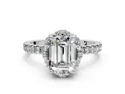 Halo Engagement Ring Setting for Emerald Cut Center with Openwork Halo, Pave Band and Prong Head in Sterling Silver