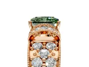Pave Engagement Ring Setting for Fancy Green Radiant Cut Center with Curved Accent Rows, Openwork and Prong Head in Rose Gold