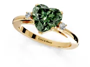 3 Stone Engagement Ring Setting for Fancy Green Heart-Shaped Center with Low-Set Round Cut Accents and Prong Head in Yellow Gold