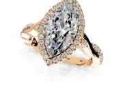 Halo Engagement Ring Setting for Marquise Center with Twist Band and Prong Head in Rose Gold