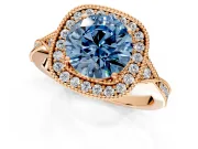 Halo Engagement Ring Setting for Fancy Blue Round Cut Center with Milgrain Rim, Pave Band and Prong Head in Rose Gold