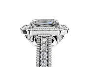 Milgrain Halo Engagement Ring Setting for Emerald Cut Center with Pave Band and Prong Head in White Gold