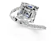 Solitaire Engagement Ring Setting for Asscher Cut Center with Pave Bypass Swirl Band and Prong Head in Sterling Silver