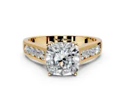 Solitaire Engagement Ring Setting for Cushion Cut Center with Round Cut Channel Band and Prong Head in Yellow Gold