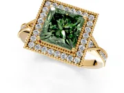 Halo Engagement Ring Setting for Fancy Green Princess Cut Center with Milgrain Rim, Pave Band and Prong Head in Yellow Gold