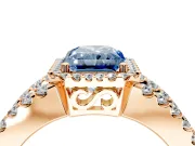 Halo Engagement Ring Setting for Fancy Blue Radiant Cut Center with Wide-Open Pave Split Shank and Prong Head in Rose Gold