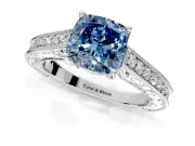 Solitaire Engagement Ring Setting for Fancy Blue Cushion Cut Center with Engraved Pave Band and Prong Head in Platinum