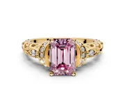 Solitaire Engagement Ring Setting for Fancy Pink Emerald Cut Center with Filigree Band and Prong Head in Yellow Gold