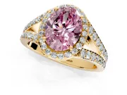 Halo Engagement Ring Setting for Fancy Pink Oval Center with Narrow Pave Split Shank and Prong Head in Yellow Gold