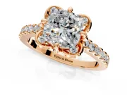 Floral Engagement Ring Setting for Cushion Cut Center with Pave Band and Floral Prong Head in Rose Gold