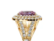 Double Halo Engagement Ring Setting for Fancy Pink Emerald Cut Center with Narrow Pave Split Shank and Prong Head in Yellow Gold