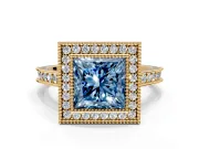 Halo Engagement Ring Setting for Fancy Blue Princess Cut Center with Milgrain Pave Band and Bezel Head in Yellow Gold