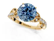 Leaf Motif Engagement Ring Setting for Fancy Blue Round Cut Center with Pave Band and Prong Head in Yellow Gold