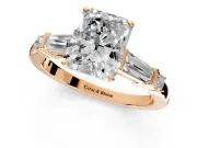 Bar-Set Engagement Ring Setting for Radiant Cut Center with Tapered Baguette Accents and Prong Head in Rose Gold