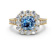 Halo Engagement Ring Setting for Fancy Blue Cushion Cut Center with Milgrain Channel Band and Prong Head in Yellow Gold