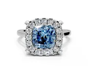 Single Halo Engagement Ring Setting for Fancy Blue Cushion Cut Center with Corner Claws, Plain Band and Prong Head in Sterling Silver