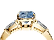 3 Stone Engagement Ring Setting for Fancy Blue Cushion Cut Center with Baguette Accents and Prong Head in Yellow Gold