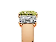 3 Stone Engagement Ring Setting for Fancy Yellow Radiant Cut Center with Raised Basket Heads and Prong Head in Rose Gold