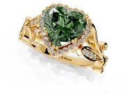 Halo Engagement Ring Setting for Fancy Green Heart-Shaped Center with Leaf Motif Split Shank and Prong Head in Yellow Gold