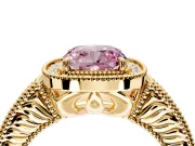 Milgrain Halo Engagement Ring Setting for Fancy Pink Cushion Cut Center with Pave Band and Prong Head in Yellow Gold