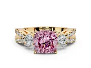 3 Stone Engagement Ring Setting for Fancy Pink Cushion Cut Center with Pave Split Shank and Prong Head in Yellow Gold