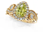 Milgrain Halo Engagement Ring Setting for Fancy Yellow Pear-Shaped Center with Shoulder Bezels and Prong Head in Yellow Gold