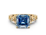 Solitaire Engagement Ring Setting for Fancy Blue Asscher Cut Center with Filigree Band and Prong Head in Yellow Gold
