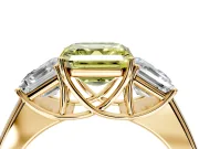 3 Stone Engagement Ring Setting for Fancy Yellow Asscher Cut Center with Raised Basket Heads and Prong Head in Yellow Gold