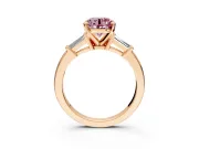 3 Stone Engagement Ring Setting for Fancy Pink Round Cut Center with Channel Baguette Accents and Prong Head in Rose Gold