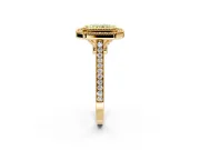 Halo Engagement Ring Setting for Fancy Yellow Radiant Cut Center with Milgrain Frame, Pave Band and Prong Head in Yellow Gold