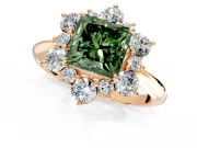Small-Accent Cluster Halo Engagement Ring Setting for Fancy Green Princess Cut Center with Plain Band and Prong Head in Rose Gold