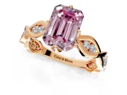 Solitaire Engagement Ring Setting for Fancy Pink Emerald Cut Center with Accented Twist Band and Leaf Prong Head in Rose Gold