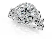 Halo Engagement Ring Setting for Round Cut Center with Leaf Motif Split Shank and Prong Head in Platinum