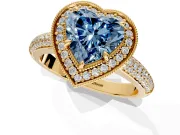 Milgrain Halo Engagement Ring Setting for Fancy Blue Heart-Shaped Center with Three-Sided Pave Band and Prong Head in Yellow Gold