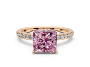 Solitaire Engagement Ring Setting for Fancy Pink Princess Cut Center with Fine Pave Band and Prong Head in Rose Gold