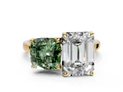 Fancy Green Cushion Cut and Emerald Cut Lab-Grown Diamond Toi et Moi Engagement Ring with Prong-Set Stones in Yellow Gold