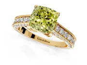 Solitaire Engagement Ring Setting for Fancy Yellow Cushion Cut Center with Milgrain-Framed Pave Band and Prong Head in Yellow Gold