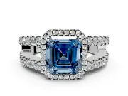Halo Engagement Ring Setting for Fancy Blue Asscher Cut Center with Wide-Open Pave Split Shank and Prong Head in Platinum