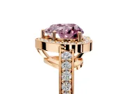 Bezel-Framed Halo Engagement Ring Setting for Fancy Pink Heart-Shaped Center with Pave Band and Prong Head in Rose Gold