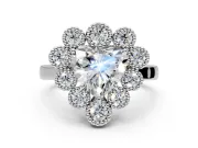 Cluster Halo Engagement Ring Setting for Heart-Shaped Center with Milgrain Bezel Accents and Prong Head in Sterling Silver