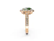 Halo Engagement Ring Setting for Fancy Green Oval Center with Milgrain Channel Band and Prong Head in Rose Gold