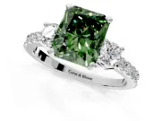 3 Stone Engagement Ring Setting for Fancy Green Radiant Cut Center with Round Cut Side Accents and Prong Head in White Gold