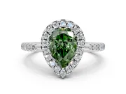 Pave Halo Engagement Ring Setting for Fancy Green Pear-Shaped Center with Single Row Pave Band and Prong Head in Platinum